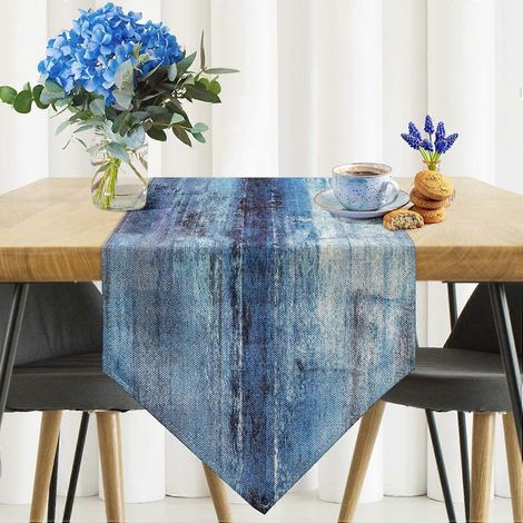 Chemin de table bleu et gris, chemin de table en toile de jute d'art moderne abstrait pour table à manger, style champêtre, idéal pour les dîners, les fêtes et la décoration intérieure. (1/4)