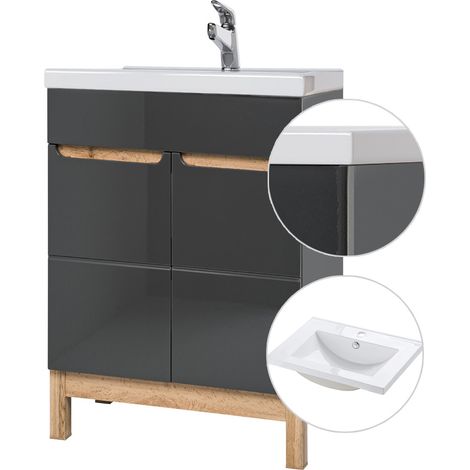 Waschtischunterschrank inkl. 61 cm Keramikbecken SOLNA-56 Hochglanz grau mit Wotaneiche, B x H x T ca. 61 x 85 x 46cm (1/5)