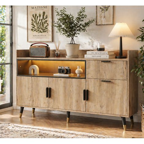 Modernes minimalistisches Sideboard – offene Regale, praktische Schubladen, beidseitige Schwingtüren. Mit geräuscharmen Schienen und stabilem Holzrahmen – geeignet für Wohnzimmer, Esszimmer und Büro. (1/5)