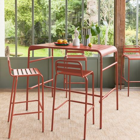 Table haute de jardin acier + 4 assises AMELIA terracotta. 4 chaises hautes en acier. 120 x 70cm x 95cm (1/5)