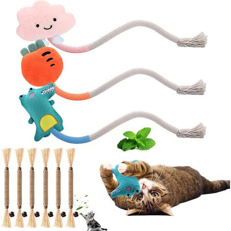 3-teiliges Katzenseilspielzeug und 6-teilige Katzenminze-Sticks, Beißspielzeug für Kätzchen, Kauspielzeug für Wohnungskatzen zum Zähneputzen und Zähneschleifen.
