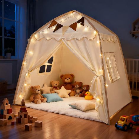 Children's Tent, Indoor Children's Cabin with Lights and Flags, Play Tent for Children, Tipi Birthday and Party Gifts for Boys Girls Children's Room Decoration (1/5)