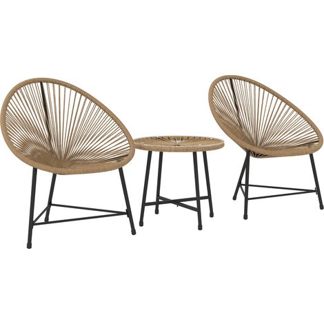 Lot 3 chaises jardin rotin PE ovales table basse noir bois