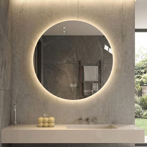 Miroir de salle de bain rond à LED de 80 cm, rétroéclairé, antibuée, 3 couleurs d'éclairage, intensité lumineuse réglable en continu, fonction mémoire, interrupteur tactile, miroir argenté HD sans cui (1/5)