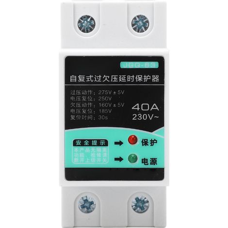 Protection contre les surtensions et les sous-tensions, réarmement automatique, type rail DIN, 230 V 40 A, avec voyant lumineux.