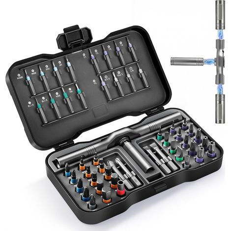 Jeu de tournevis tournevis à cliquet 50 en 1 magnétique, embouts en acier S2 avec cliquet à 58 dents, poignée en T amovible pour vis de meubles, instruments de précision, outils de vélo, etc (1/5)