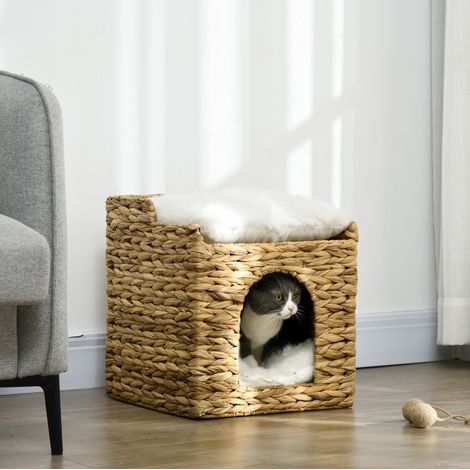 Casa para gatos (37.5x37.5x41.5 cm), 2 niveles, con cojines lavables, tablero de partículas, marrón (1/5)