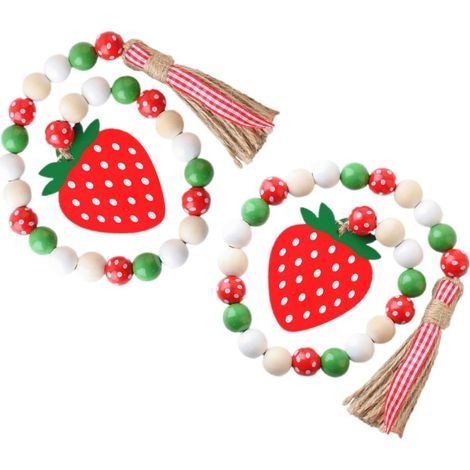 Guirlande de 2 perles rustiques en bois avec pompons fraise (1/5)