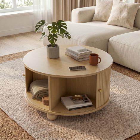 Table basse ronde 72x72x38 cm avec 2 portes coulissantes- 4 compartiments- relief vertical- poignées métal doré- MDF- effet bois naturel (1/5)