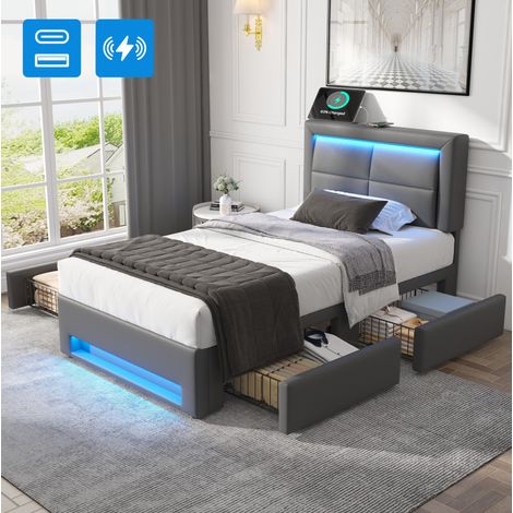 MEUBLIV Lit 90x200 cm gris - LED, USB et 4 tiroirs, sans matelas (1/5)