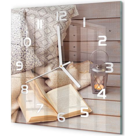 Horloge Murale Carrée Chambre Silencieuse en Verre Sans Tic-Tac Design Moderne Détente avec un livre 30x30 cm (1/5)