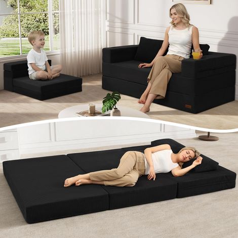 Canapé-lit futon pliable avec coussins, canapé-lit en velours côtelé pliable 2 places pour salon et petites pièces, noir (1/5)