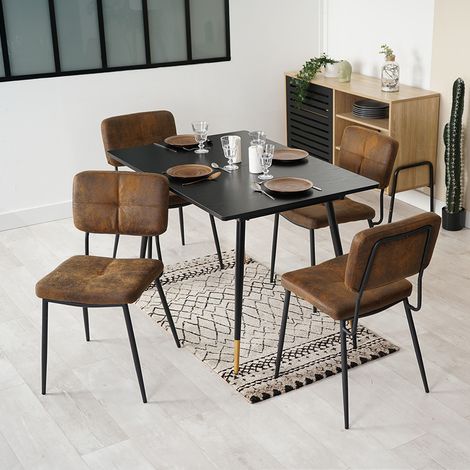 MEUBLES COSY Un ensemble de salle à manger et chaises cinq pièces, comprenant une table à manger extensible et quatre chaises de salle à manger en microfibre marron. (1/5)