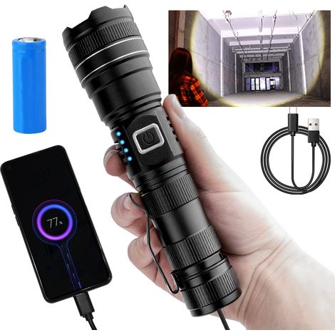 Linterna LED potente de 12000 lúmenes, linterna con zoom resistente al agua IP65, equipada con batería recargable de 5000 mAh, linterna LED militar de aluminio para acampar, hacer senderismo y emergen (1/5)