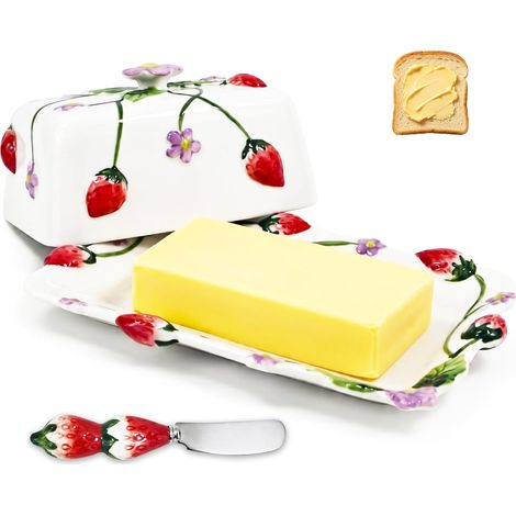 Beurrier en céramique avec couvercle et couteau - 250 g - Cloche à beurre pour réfrigérateur et table - Design fraise - En porcelaine - Pour la maison et la cuisine (1/5)