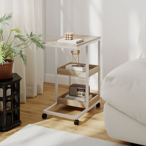 C-förmiger Beistelltisch mit Rollen, offenen Regalen und Stahlgestell für Wohn- und Schlafzimmer, 51 x 33 x 66 cm, Natur und Weiß