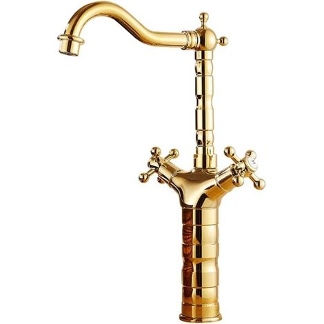 Doppelgriff-Kreuz-Küchenarmatur, Messing, Aufputzmontage, Einloch-Anschluss für Warm- und Kaltwasser (goldfarben, oben) (1/4)