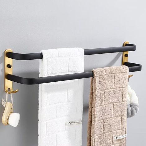 Porte-Serviettes Mural sans Perçage Noir 40cm - Barre Serviette Aluminium 2 Crochets pour Salle de Bain et Cuisine, Or Noir 2 Couches (1/5)