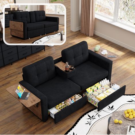 Sofá de 2 plazas de chenilla negro con mesas abatibles, portavasos y 2 cajones OKWISH (1/5)