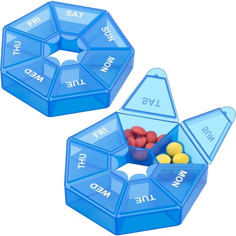 Pilulier hebdomadaire, lot de 2, étui à médicaments portable (sept jours), nouvelle édition pour vitamines, huile de poisson, comprimés et compléments alimentaires – convient aux personnes souffrant d (1/5)
