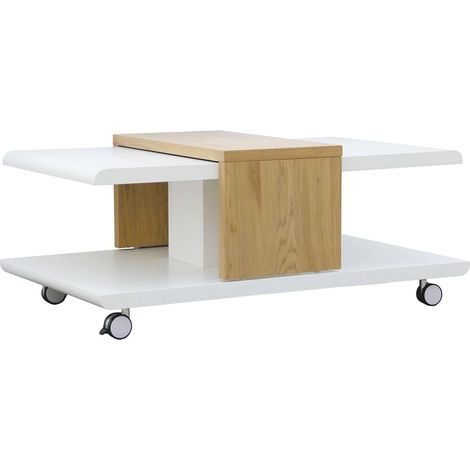 Jolac Couchtisch mit 4 Rädern, Tischplatte verschiebbar, weiss, Wildeiche Dekor.