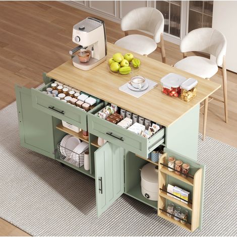 Carro de cocina 129/71/91,5 cm en verde antiguo con tablero abatible y almacenaje (1/5)