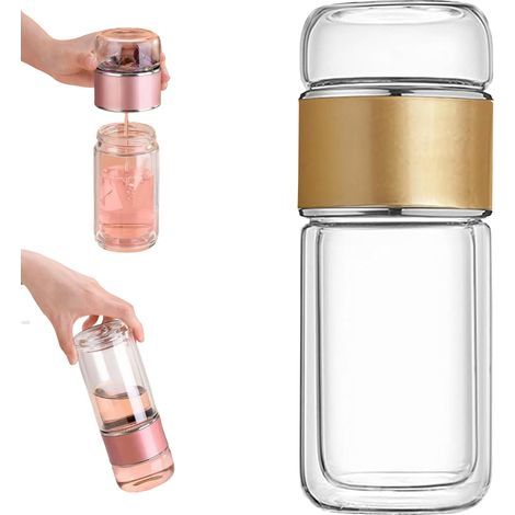 Teekanne – Doppelwandiges Borosilikatglas – Filter aus Edelstahl 304 – 280 ml Fassungsvermögen – Goldfarben – Für losen Tee und Teebeutel (1/5)