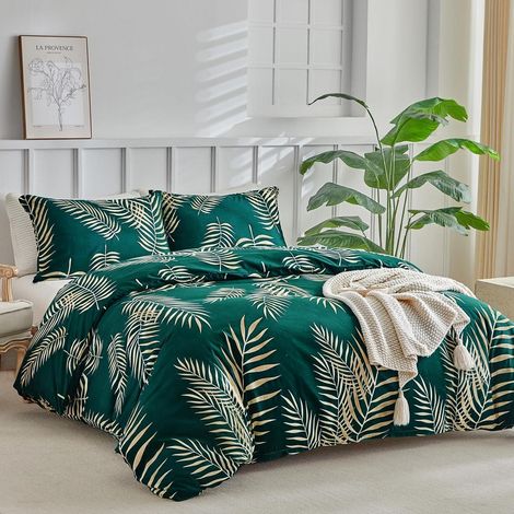 Ensemble de literie King-Size 230x220 cm avec feuilles tropicales, microfibre, vert/or