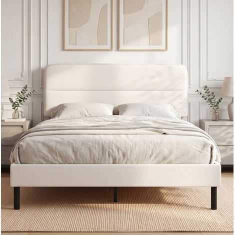 MODFU – Cama de matrimonio de metal/lino con cabecero regulable 110-115 cm, 12 lamas, compartimento bajo la cama y carga 300 kg – Beige (1/5)