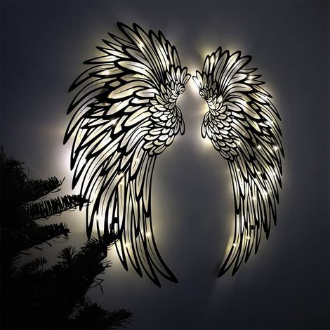 Angel Wall Art - LED Illuminated Metal Wall Decor - For Living Room Bedroom Study - 2 Pieces With Button Battery Light String (1/5)