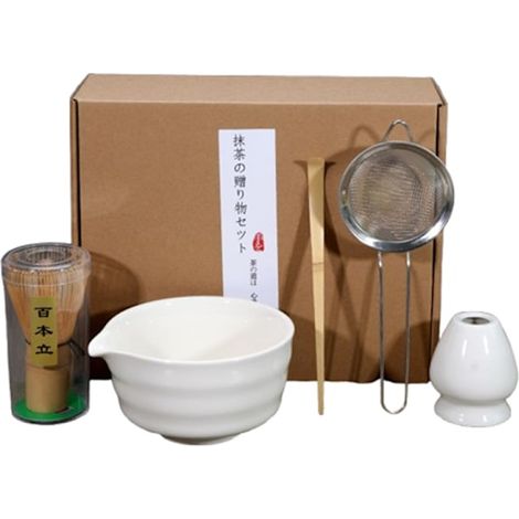 5-teiliges Matcha-Teeset aus Keramik, bestehend aus Schale, Besenhalter und Besen, sowie weißem Zubehör für die japanische Teezeremonie (1/5)