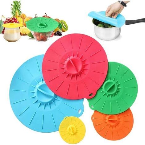 Couvercles alimentaires en silicone, 5 tailles extensibles pour bols et casseroles, couvercles à ventouse multicolores (1/4)