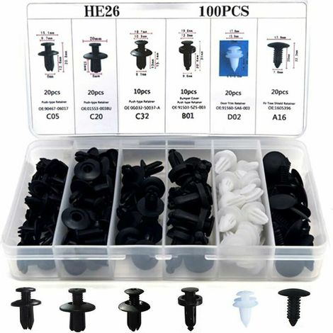 100 clips de remache de plástico: sujetadores de retención de panel de puerta de automóvil de plástico negro universal con caja de almacenamiento y herramientas de instalación