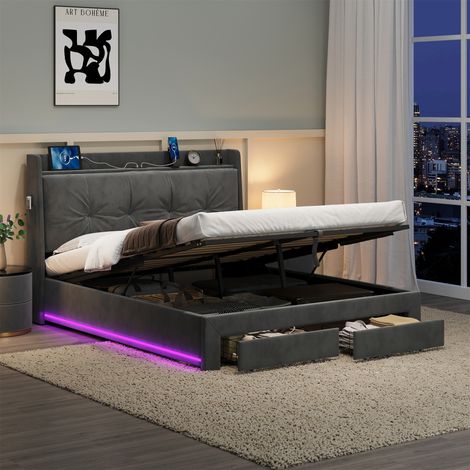 Grey Velvet Upholstered Bed Frame with Hydraulic Storage Drawers, RGB LED Headboard & Charging Station - Ottoman Storage Bed with Back Cushion (No Mattress Included), 4ft6 Double Size (1/5)