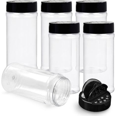 Paquete de 6 frascos de plástico de 170 ml para especias con tapas negras，plástico，170 ml