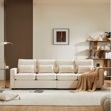 4-Sitzer-Sofa 264x83x87 cm Beige Leinenstoff mit Armlehnentaschen und 4 Kissen (1/5)