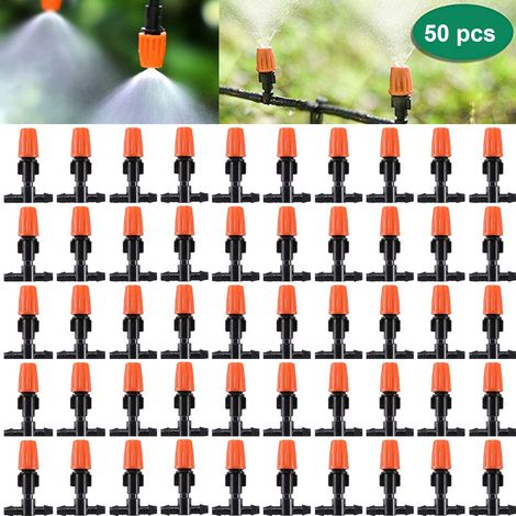 Set mit 50 einstellbaren Mikro-Sprühtropfern für die Gartenbewässerung, inklusive 3 Sprühköpfen und T-Stück.