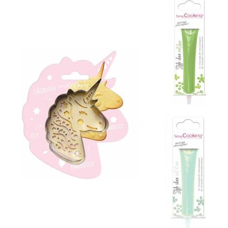 Kit pour biscuit en relief Licorne + 2 Stylos au chocolat vert clair et vert d'eau