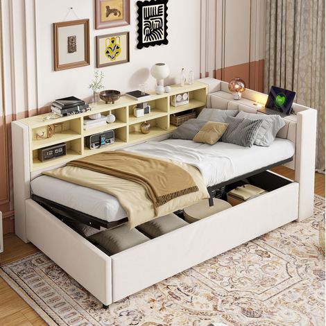 Letto imbottito 90x200 cm beige in velluto con contenitore idraulico (1/5)