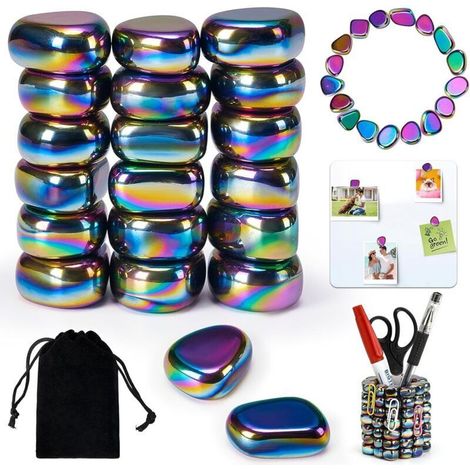 20 aimants en hématite colorés, pierres magnétiques de forme irrégulière avec un sac de rangement, pour adultes, idéales pour soulager le stress, la décoration ou le bureau. (1/4)