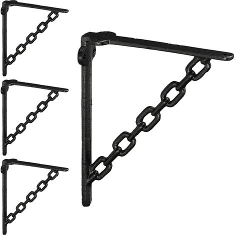 Relaxdays Set 4x Shelf Brackets, Cast Iron, Rack Support, Chain Motif, HWD: 18 x 4 x 21.5 cm, Angle for Shelves, Black