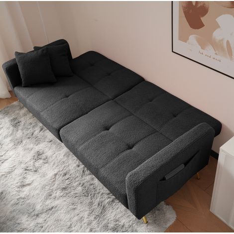 Sofá cama 175x64x72 cm gris antiguo en tejido sherpa con respaldo reclinable, bolsillos laterales y patas doradas (1/5)