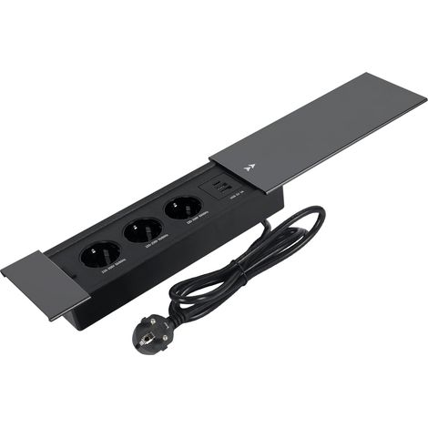 Multiprise encastrable avec couvercle coulissant en métal, prise escamotable 3 voies avec 2 USB A et USB C, prise de table, multiprise rétractable pour plan de travail, cuisine, bureau (noir, 3 prises (1/5)