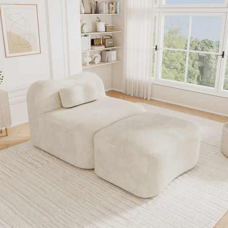 Canapé modulable une place sans cadre avec pouf, design ondulé, garnissage en mousse haute densité 32D, coussin de dossier amovible, tissu doux, idéal pour appartement, salon et chambre, beige (1/5)