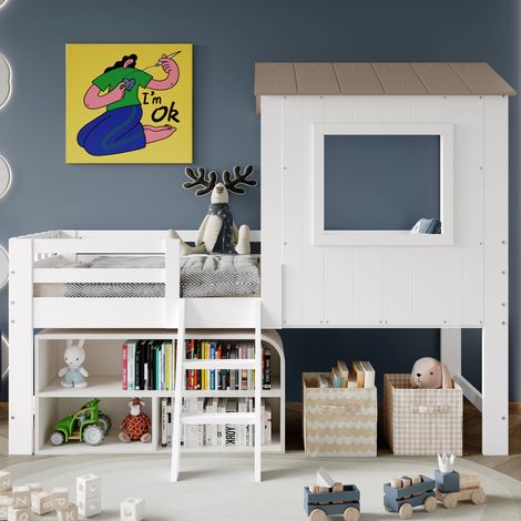Lit d'enfant, lit mi-haut, lit en forme de maison avec toit et fenêtre, barrière sur les quatre côtés, avec petit escalier, lit cabane enfants, lit enfant, 90x200cm, lit enfant avec barriere (1/5)
