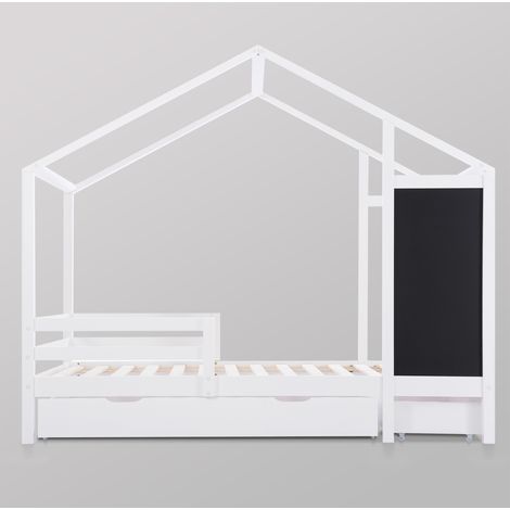 Kinderhausbett 90 x 200 cm mit Tafel, 2 Schubladen, Kiefernholz, Weiß, ohne Matratze (1/5)