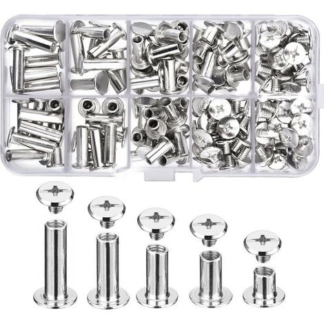 VURAHOME -5 Tailles en Métal Vis de Reliure 80 Pcs, Chicago Vis, Rivet à Visser Solide Inoxydable pour DIY, Décoration de Cuir, Réparation de Reliure, Loisirs Créatifs, etc (Argent) (1/4)