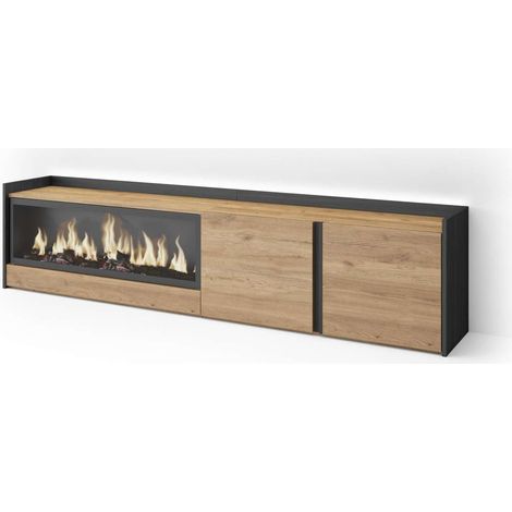 Mueble TV Riogordo-01 de 212x50x35 cm con chimenea y luces LED XXL, color roble y negro (1/4)