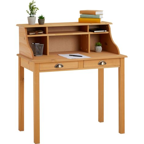Idimex – Bureau droit en pin massif finition cirée – 2 tiroirs et 6 niches – Dimensions monté 101 x 90 x 50 cm – Style rustique élégant