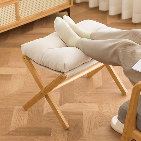 Repose-pieds pliable en bambou ottomane pour canapé, repose-pieds en bois, siège pliable, tabouret à langer avec coussin amovible en velours pour salon, chambre à coucher, lavable, beige (1/5)